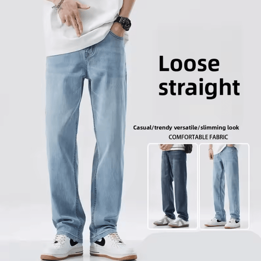 Men’s Washed Loose Straight Leg Jeans – Summer Thin Casual Denim, Elastic Waist, Slimming, High Waist, Comfortable Versatile Long Pants