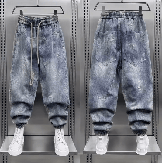 Loose Men’s Denim Pants – Autumn New Cuffed Harlan Slim Fit, Washed Small-Foot Jeans, Trendy Elastic Waist Hip Hop Style