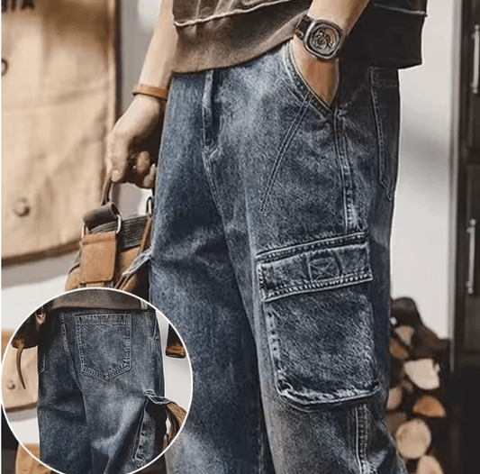 Men’s Fashion Cargo Trousers – Multi-Pocket Design, American Vintage Wide Leg Denim Pants, Trendy Streetwear Jeans