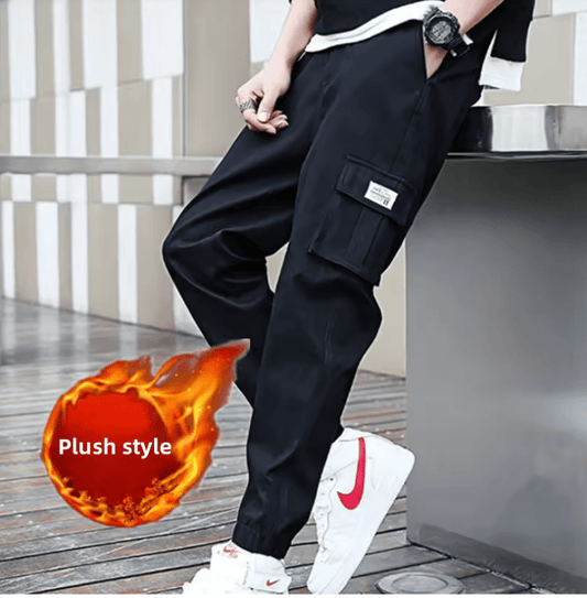 Men’s Winter Thickened Fleece-Lined Cargo Pants – Loose Fit Korean Style Sporty Nine-Point Trousers, Versatile Casual Wear