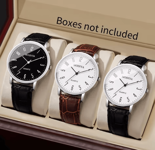 Men's Arabic Dial Quartz Watch Set (3-Pack) with Leather Straps