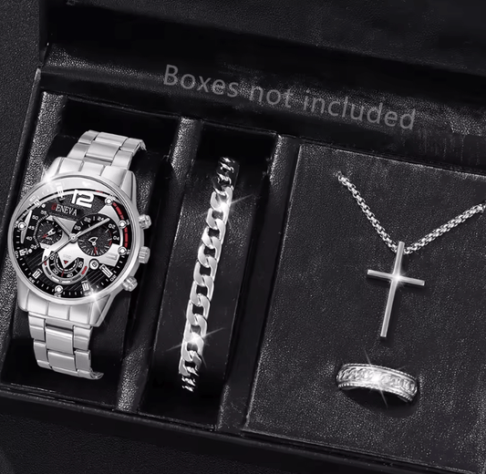 Men's Stainless Steel Calendar Quartz Watch & Jewelry Set (4pcs)