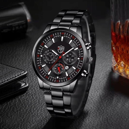 Men's Black Stainless Steel Quartz Watch Set – Business & Casual