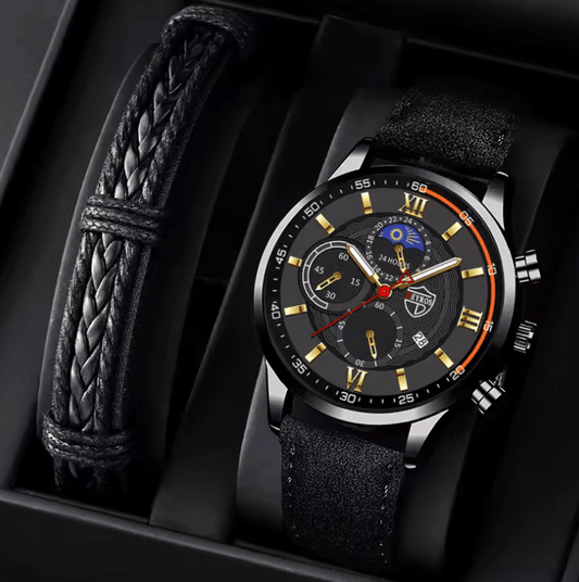 Men's Quartz Watch & Leather Bracelet Set – Luminous