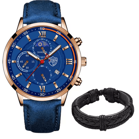 Men's Quartz Watch & Leather Bracelet Set – Luminous