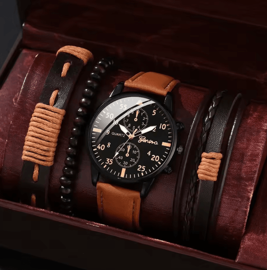 Men's Quartz Watch Set with Brown Leather Strap
