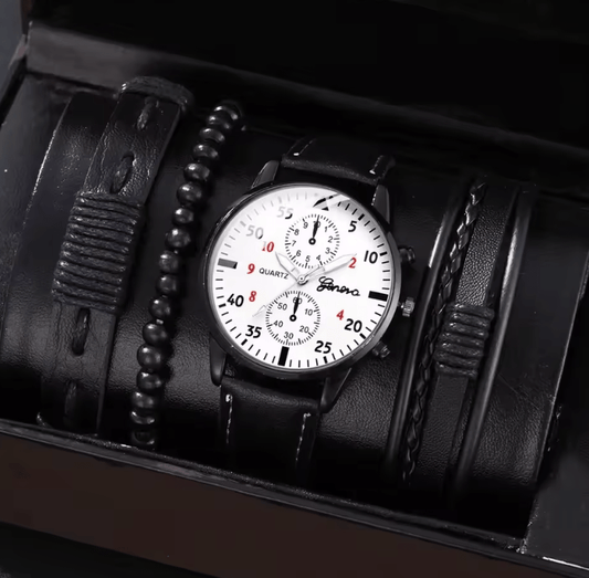 Men's Quartz Watch Set with Brown Leather Strap