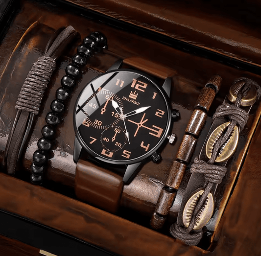 Men's Retro Quartz Watch Set (5pcs) - Big Dial, Casual Sports