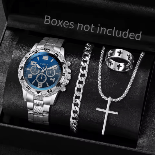 Men's 4-Piece Watch Set - Luxury Quartz, Business & Casual