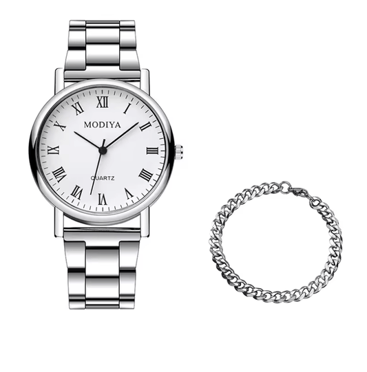 Men’s Quartz Watch & Bracelet Set – Silver Alloy Band