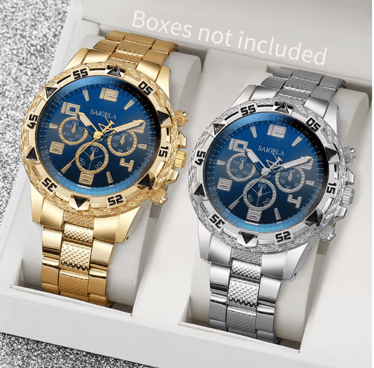 Men's Quartz Watch Set with Arabic Dial, Steel Band (2pcs)