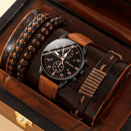 Men’s Brown Leather Quartz Watch & Bracelet Business Gift Set