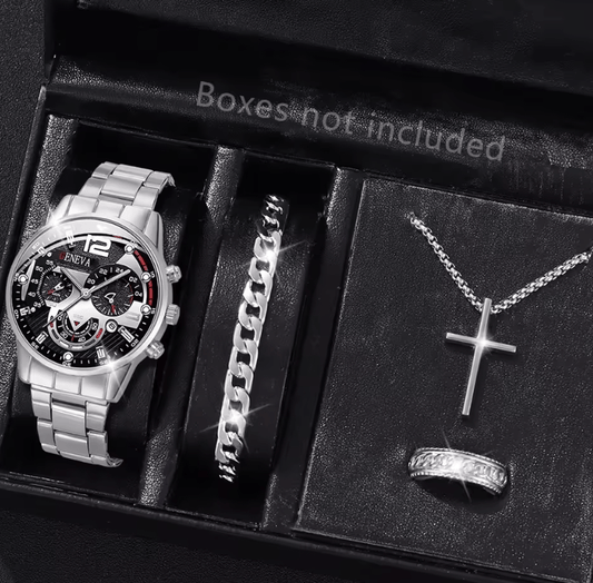 Men's Stainless Steel Quartz Watch Set with Calendar (4pcs)