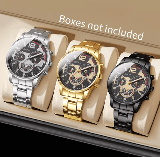 Men's Analog Quartz Watch Set, 3-Pack Steel Band