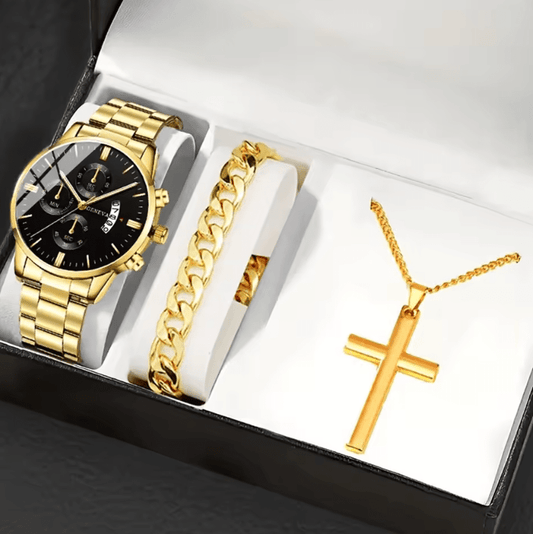 Men's Stainless Steel Quartz Watch Set with Bracelet & Chain