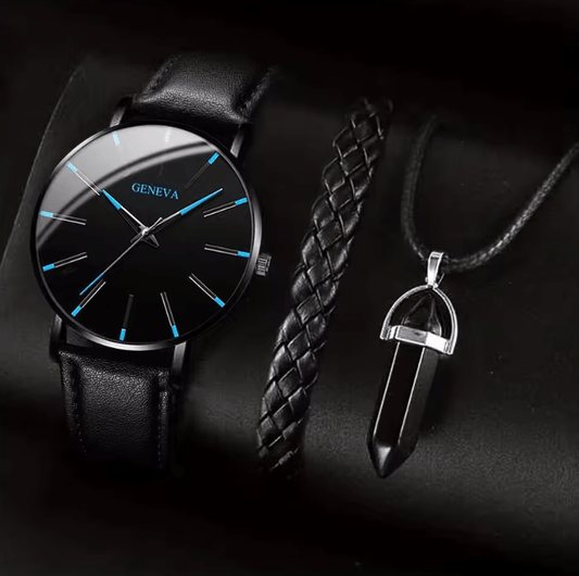 Men's Quartz Watch Set with Leather Band, Bracelet & Necklace