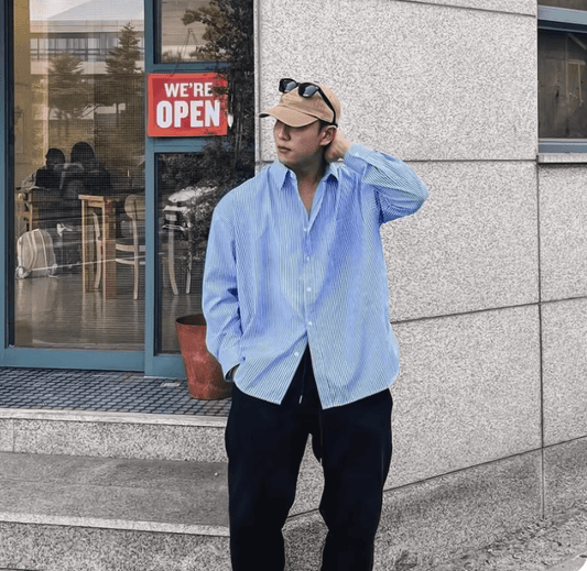 Men’s Blue Vertical Striped Long-Sleeve Shirt - High-Quality Korean Style Casual Coat for Travel & Hiking