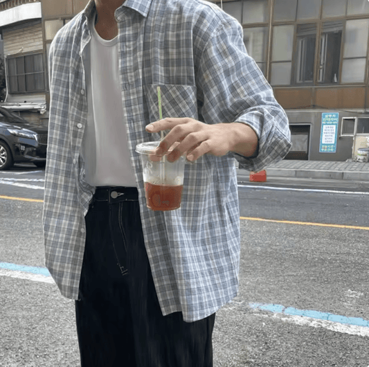 Oversized Korean Style Plaid Shirt for Men – Lightweight Long Sleeve Casual Top, Unisex Thin Coat for Outdoor Camping and Everyday Wear
