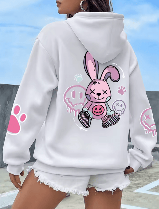 Cute Pink Rabbit Hoodie – Women’s Casual Fleece Pullover with Pockets