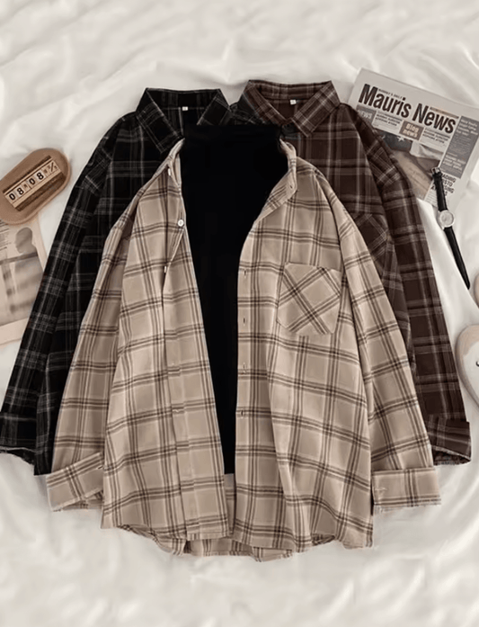 Vintage Oversized Plaid Shirt for Women – Long Sleeve Korean-Style Casual Fall Top