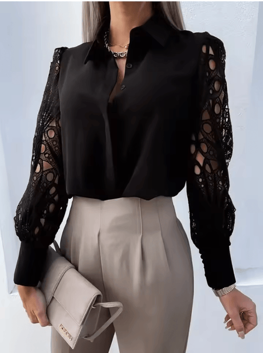 White & Black Lace Hollow-Out Blouse for Women – Vintage Long Sleeve Sexy Button-Up Top