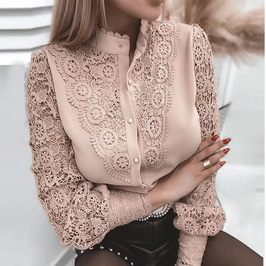 2025 Spring White Lace Shirt for Women – Long Sleeve Casual Office Blouse