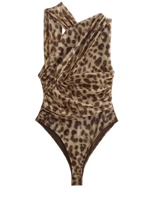 2025 Leopard Print Mesh Bodysuit | Off-Shoulder Tulle Sleeveless Top
