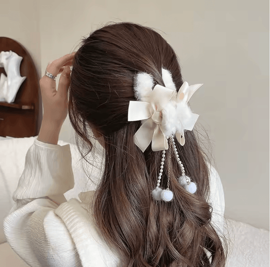 Furry Hair Claw Clips with Big Bow & Pearl Tassel