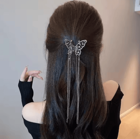 Elegant Butterfly Tassel Hair Clip with Pearl Pendant – Stylish Half-Tie Shark Clip for Women & Girls