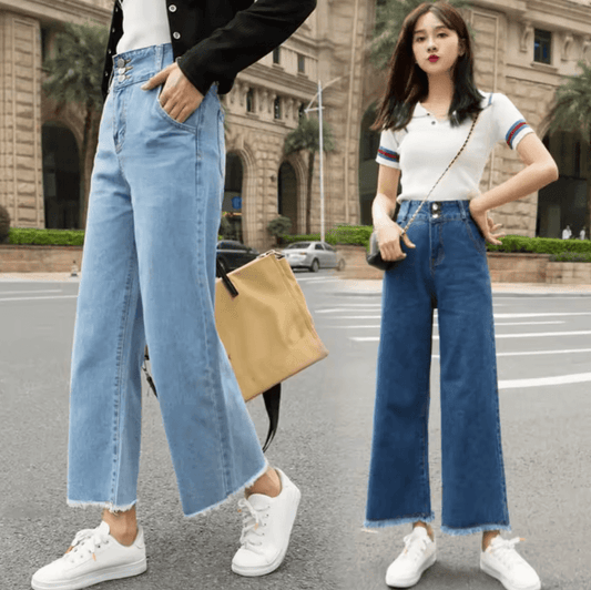 High Waist Loose Wide Leg Denim Pants for Women | Casual Ninth Trousers