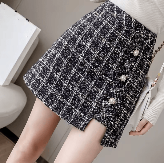 Vintage Plaid Tweed Mini Skirt - High-Waisted Korean A-Line Office Style