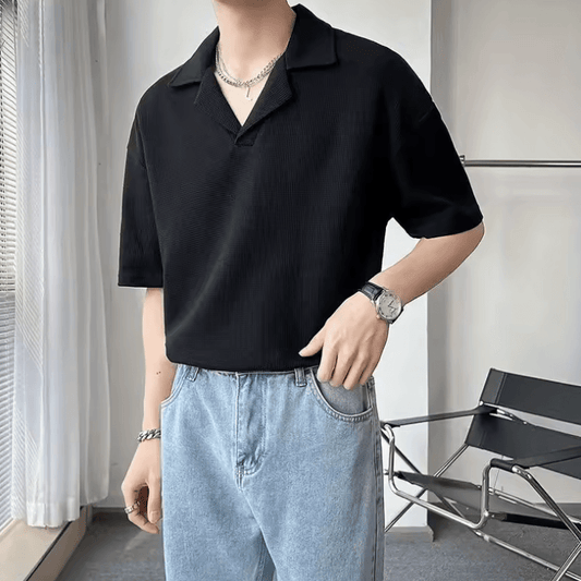 Trendy Loose Fit Men’s Short Sleeve Polo Shirt - Lapel Solid Color Waffle