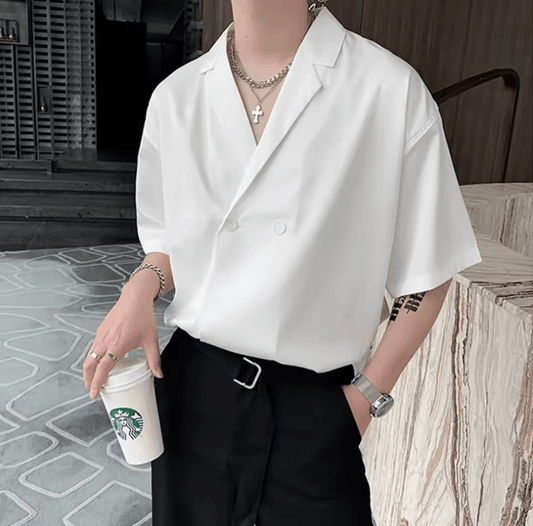 Men’s Korean Style Draped Suit Collar Shirt - Casual Short Sleeve Summer Wear