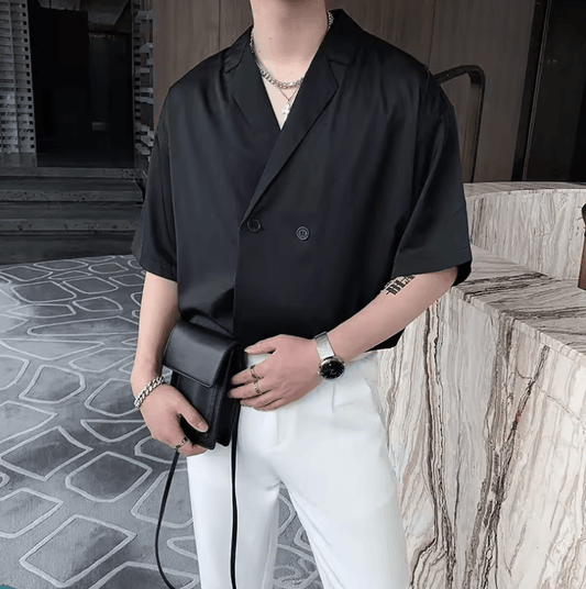 Men’s Korean Style Draped Suit Collar Shirt - Casual Short Sleeve Summer Wear