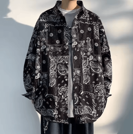 Men’s Vintage Full-Print Jacket Shirt - Loose Fit High Street West Coast Style
