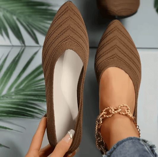 Women’s Pointed Toe Flat Shoes - Breathable Knitted Slip-On Ballet Flats