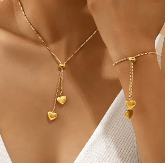 Stainless Steel Multi-Link Peach Heart Jewelry Set – Elegant Fashion for Women
