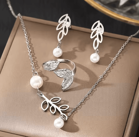 Leaf Pearl Jewelry Set – Adjustable Ring, Earrings & Necklace for Women