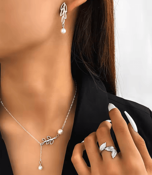 Leaf Pearl Jewelry Set – Adjustable Ring, Earrings & Necklace for Women