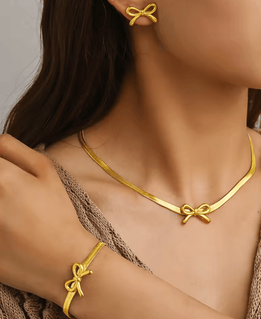 Blade Chain Bow Design Jewelry Set – Bracelet, Necklace & Earrings for Women