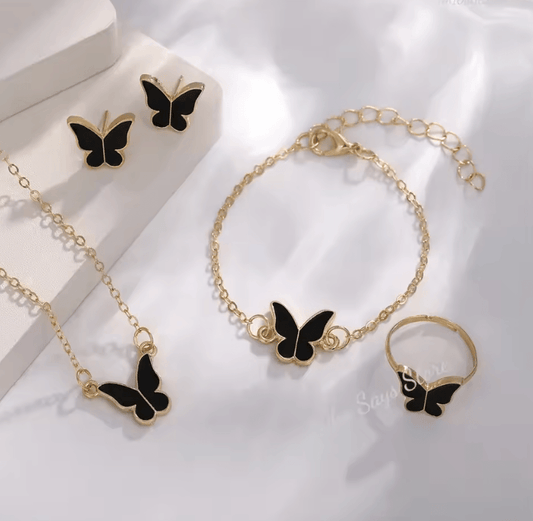 Butterfly Jewelry Set – Crystal & Acrylic Necklace, Earrings, Bracelet & Ring for Women