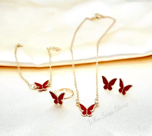 Butterfly Jewelry Set – Crystal & Acrylic Necklace, Earrings, Bracelet & Ring for Women