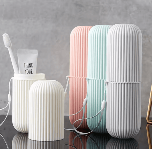 Portable Travel Toothbrush Case with Vertical Stripes – Multipurpose Toothpaste and Mouthwash Storage Cup