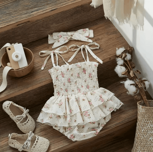 Baby Girl Romper – Cute Floral Jumpsuit with Headband (0-24M)