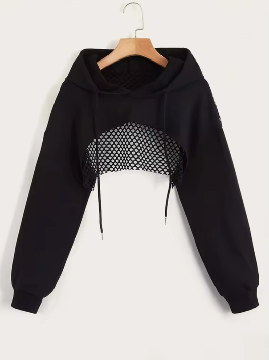 Women’s Super Crop Sports Hoodie – Street Style Drop Shoulder Pullover with Drawstring & Hollow-Out Design – Lightweight Gym Cover-Up (No Cami Included)