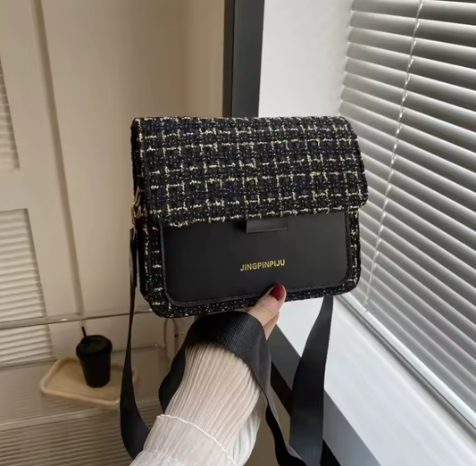 Autumn Winter Tweed Crossbody Bag for Women – Color Block Korean Style Shoulder Purse | Elegant Single Strap Handbag for Stylish Daily Wear