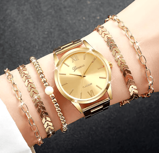6PCS Women’s Fashion Watch & Bracelet Set – Gold Stainless Steel Quartz Wristwatch with Matching Elegant Bracelets – Luxury Jewelry Set for Ladies, Girls, Gifts