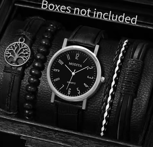 Men's Quartz Watch & PU Leather Bracelets Set (5-Piece)
