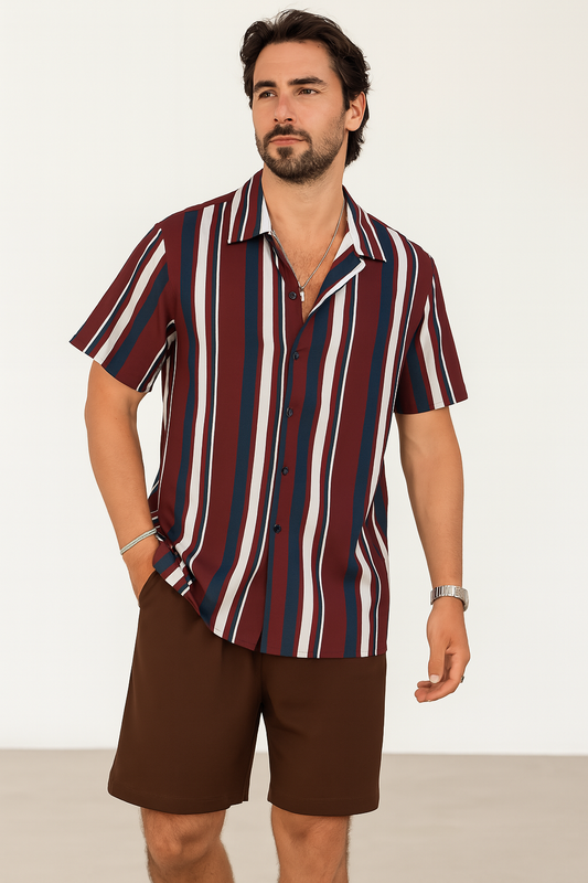 Men’s Summer 2-Piece Outfit – 3D Stripe Print Quick-Dry Shirt & Drawstring Shorts Set – Casual Beach Vacation Suit