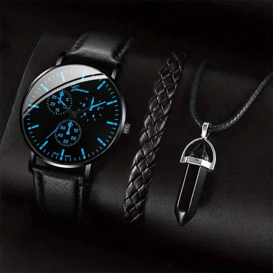 Men's Business Quartz Watch Set with Bracelet & Necklace